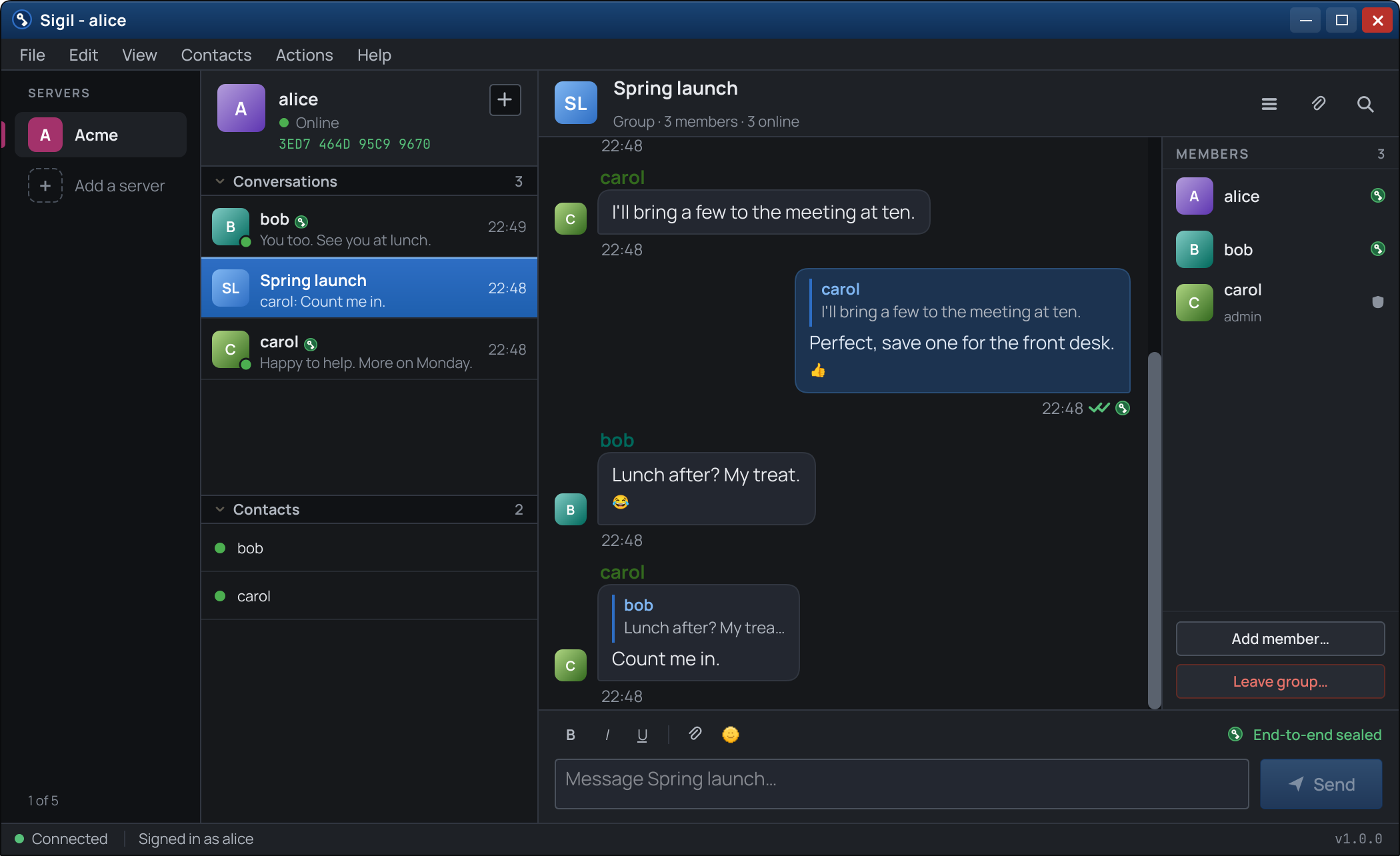 A group conversation in the Sigil client: three members, replies and reactions in the thread, the member list on the right, in the Dark theme