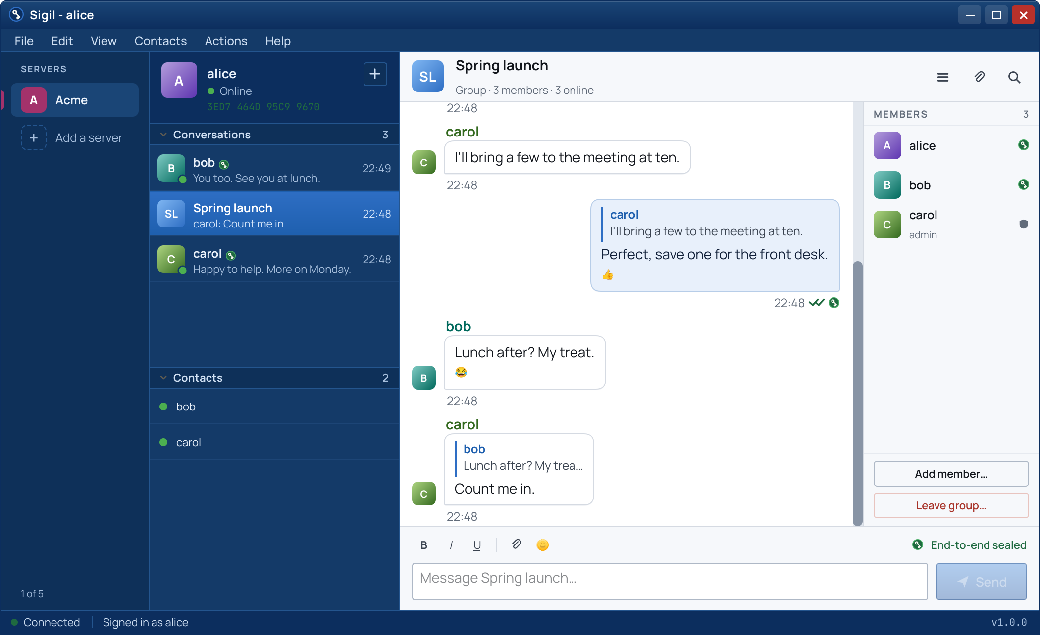 A group conversation in the Sigil client: three members, replies and reactions in the thread, the member list on the right, in the Navy theme