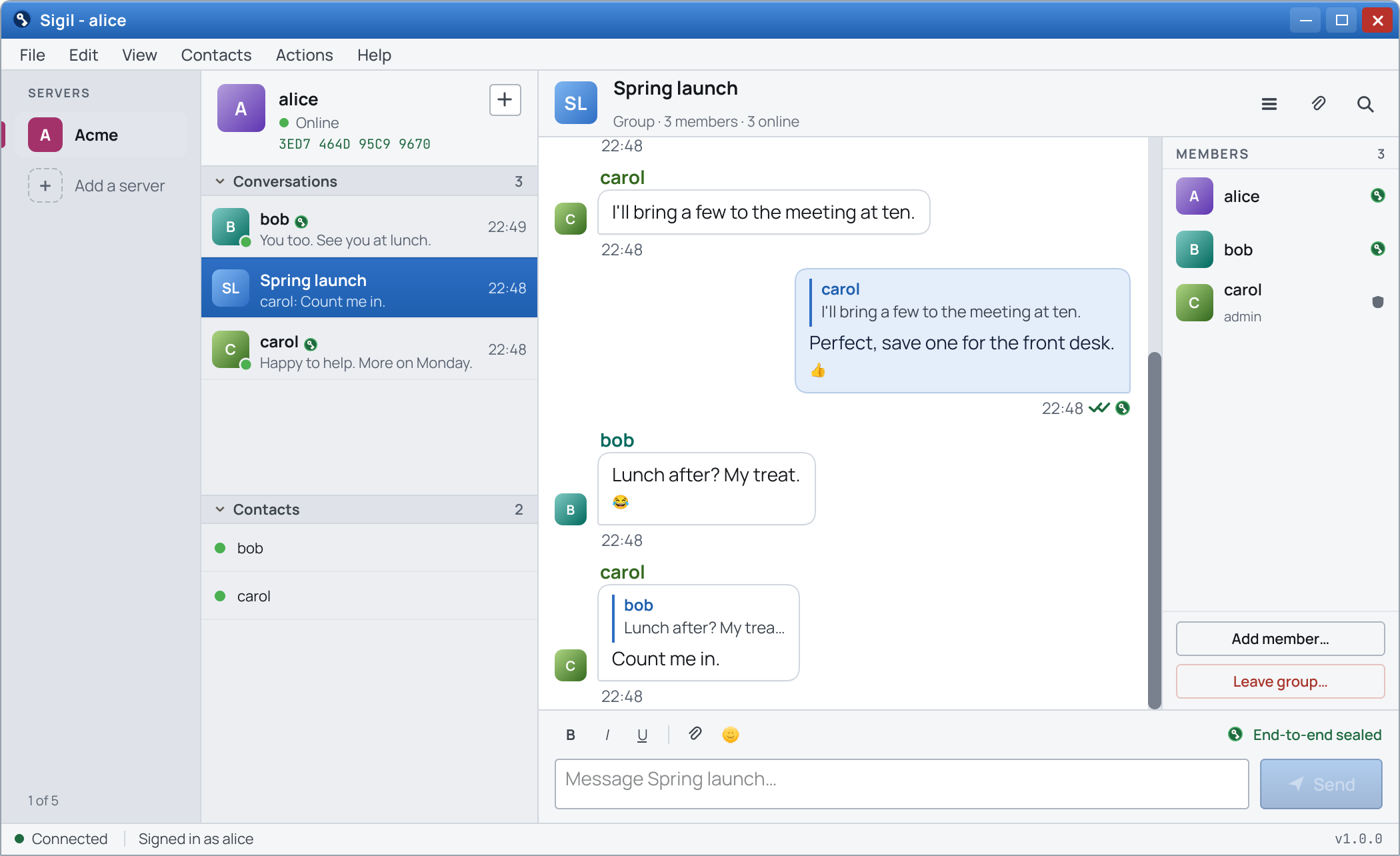 A group conversation in the Sigil client: three members, replies and reactions in the thread, the member list on the right, in the Slate theme