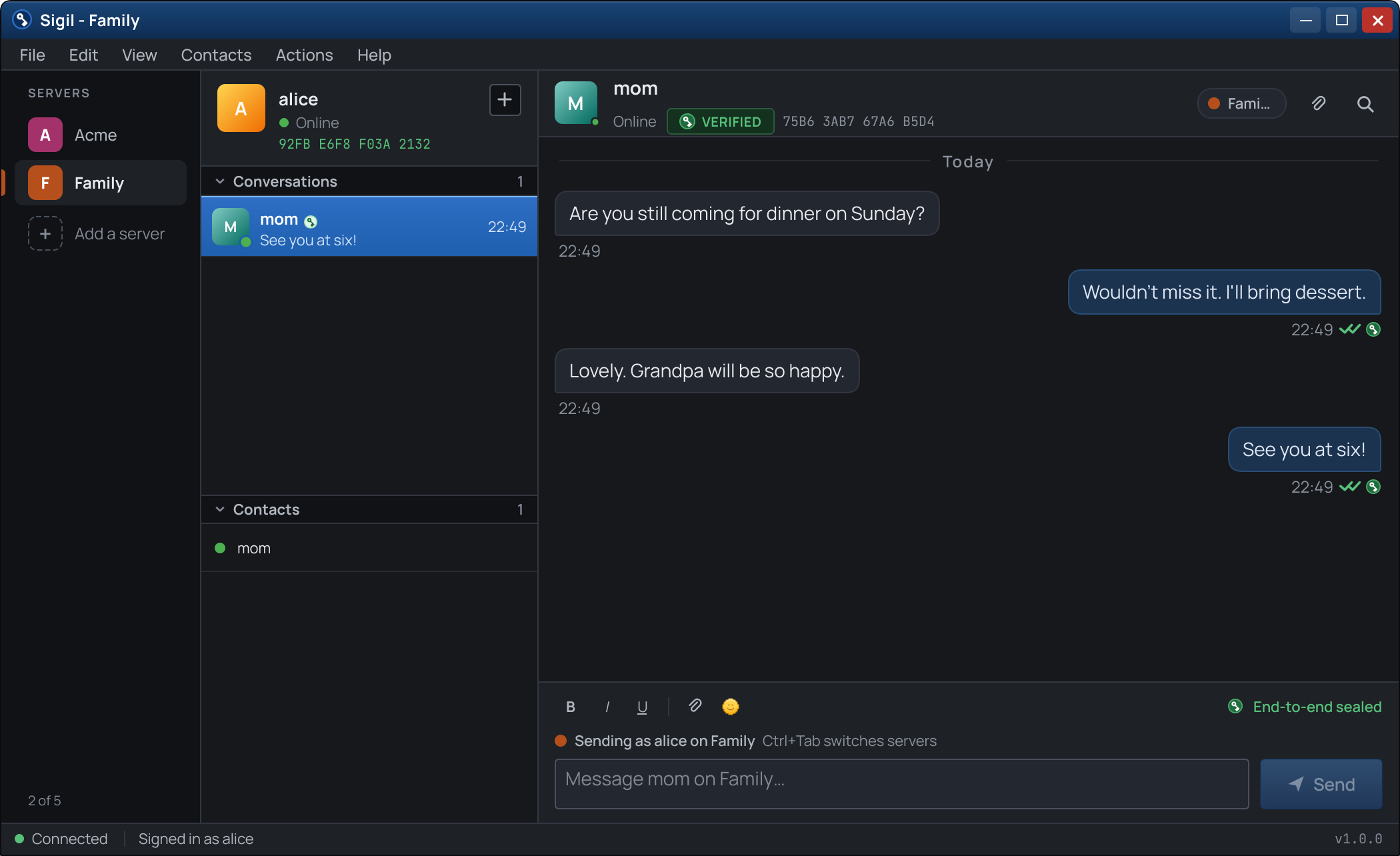Two servers on the rail, Acme and Family, with a verified conversation open on Family, in the Dark theme