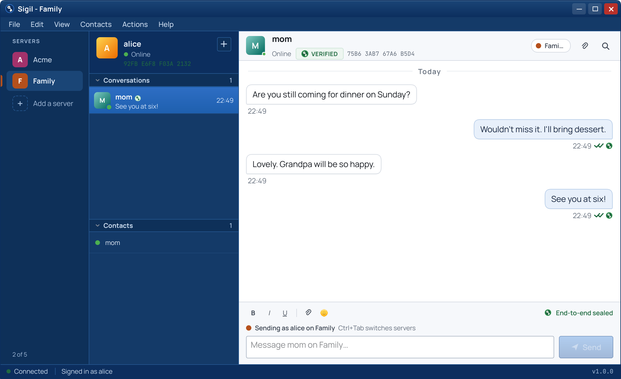 Two servers on the rail, Acme and Family, with a verified conversation open on Family, in the Navy theme
