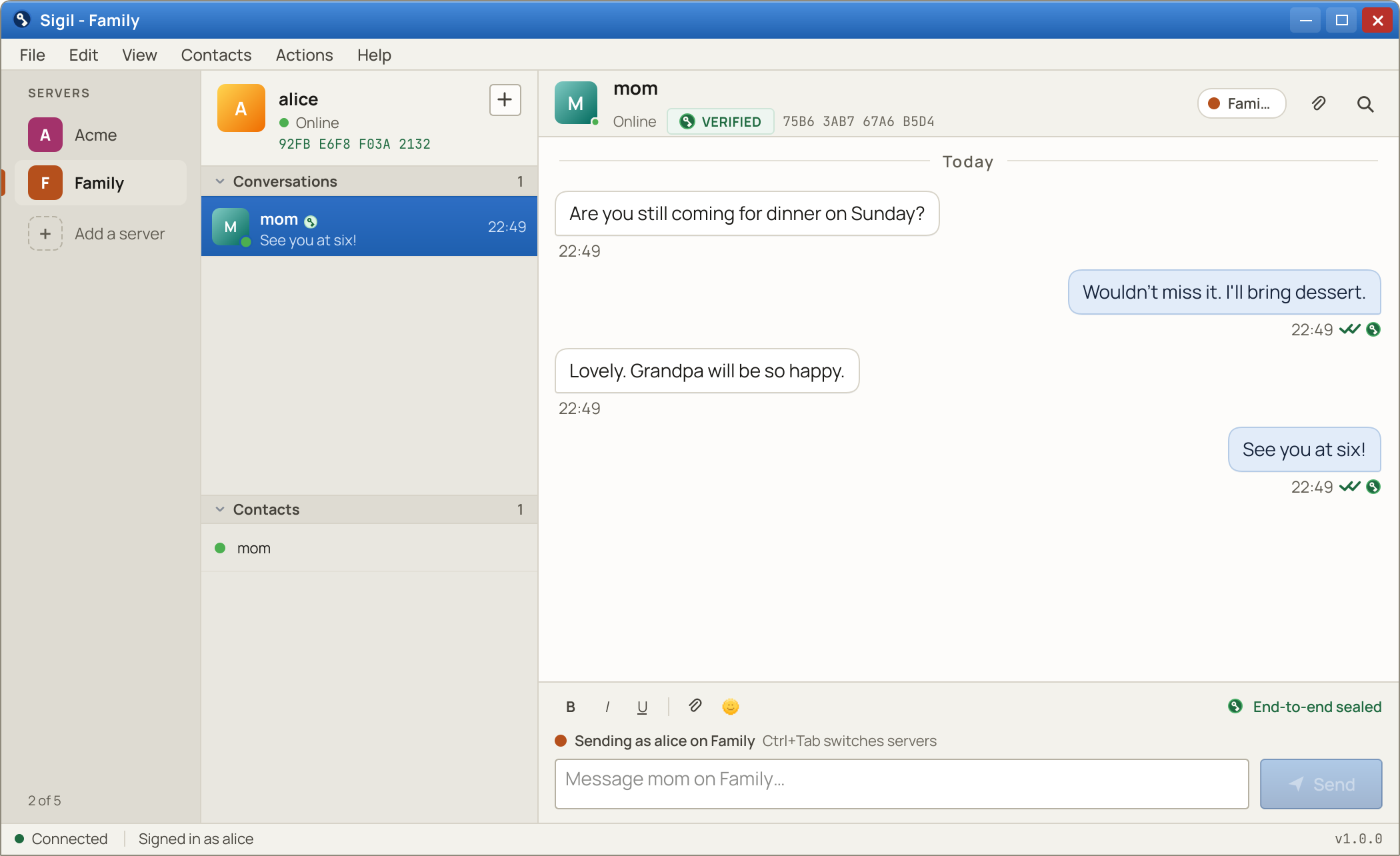 Two servers on the rail, Acme and Family, with a verified conversation open on Family, in the Vellum theme