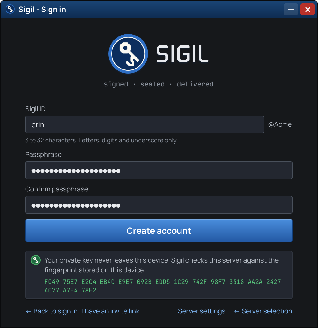 The create-account form showing the server's key fingerprint, which the client checks on every connection, in the Dark theme