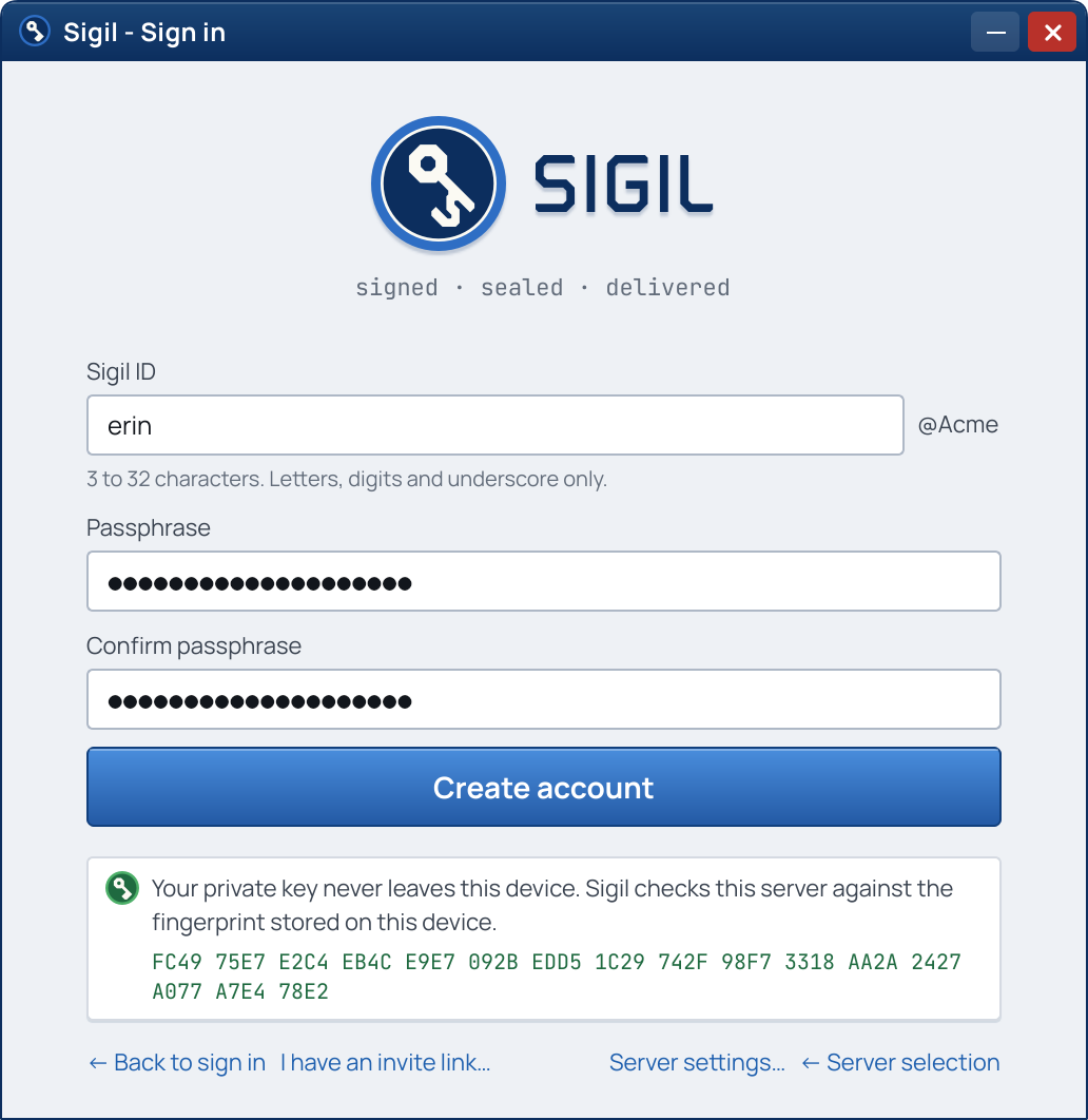 The create-account form showing the server's key fingerprint, which the client checks on every connection, in the Navy theme