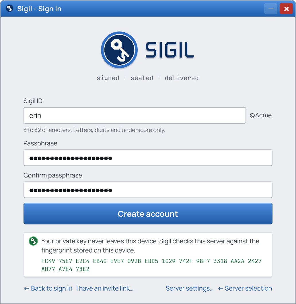 The create-account form showing the server's key fingerprint, which the client checks on every connection, in the Slate theme