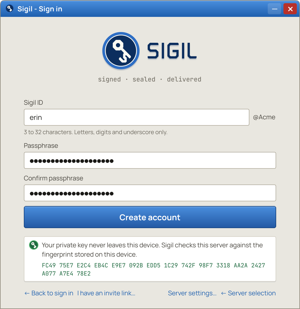 The create-account form showing the server's key fingerprint, which the client checks on every connection, in the Vellum theme